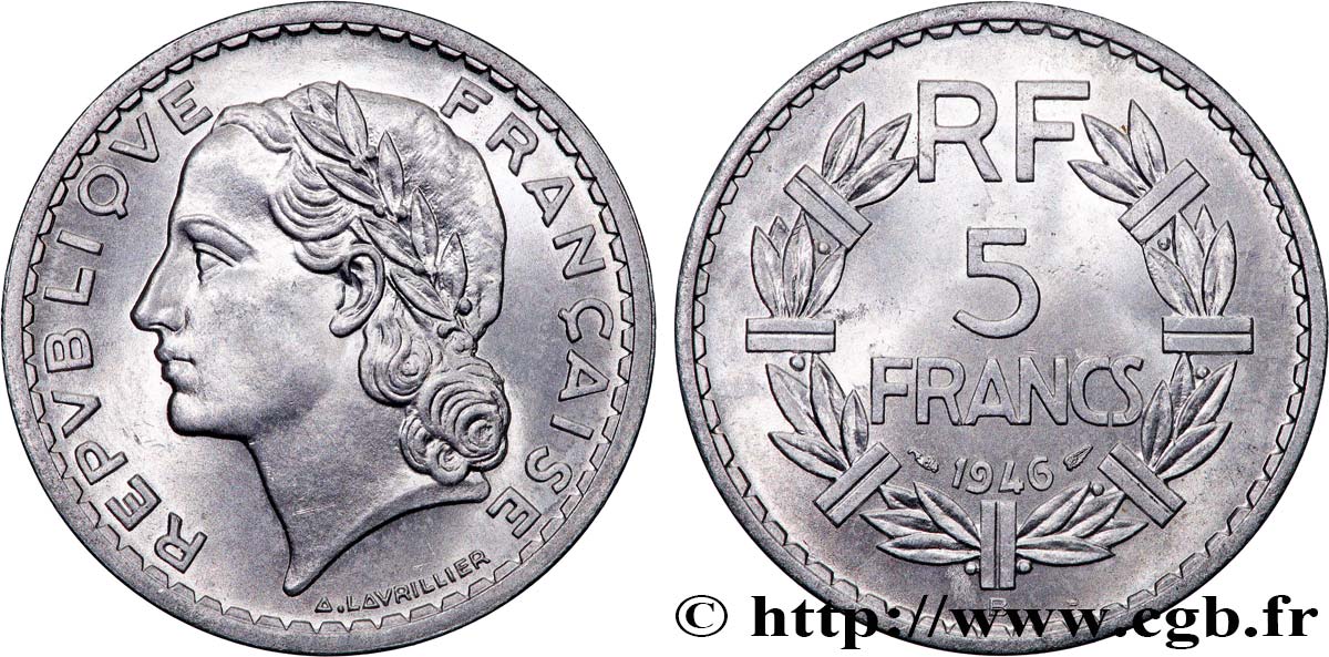 5 francs Lavrillier, aluminium 1946 Beaumont-Le-Roger F.339/7 MS63 