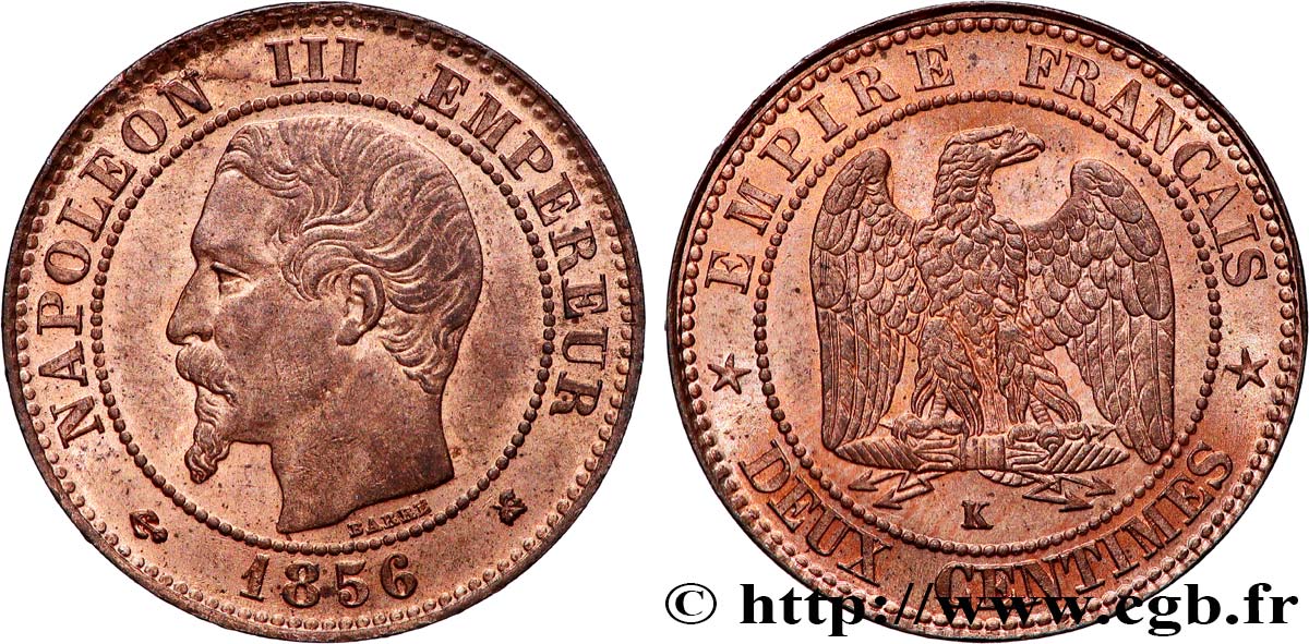 Deux centimes Napoléon III, tête nue 1856 Bordeaux F.107/41 VZ62 