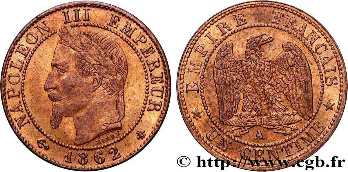 Un centime Napoléon III, tête laurée 1862 Paris F.103/4 SUP61 