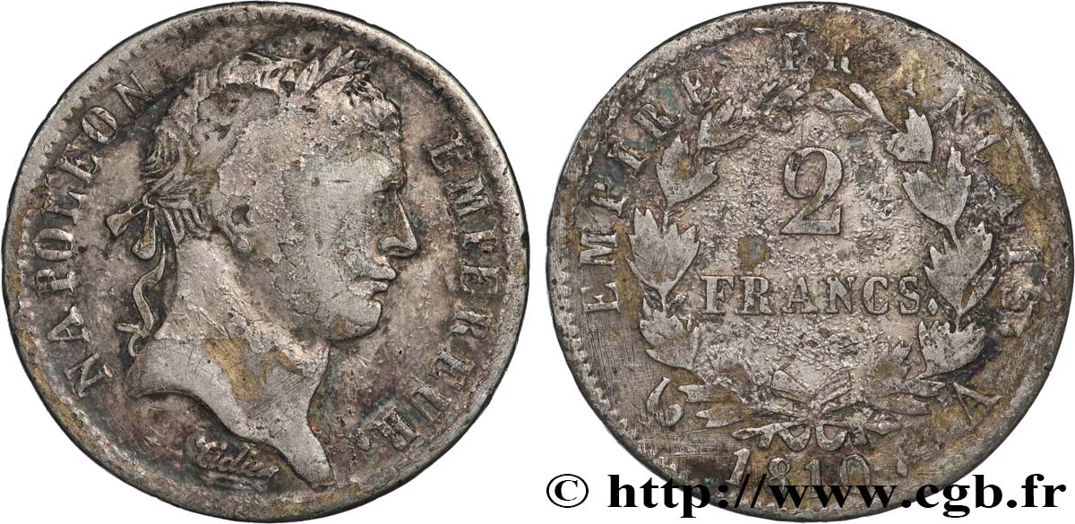 Faux de 2 francs Napoléon Ier tête laurée, Empire français 1810 Paris F.255/10 var. RC 