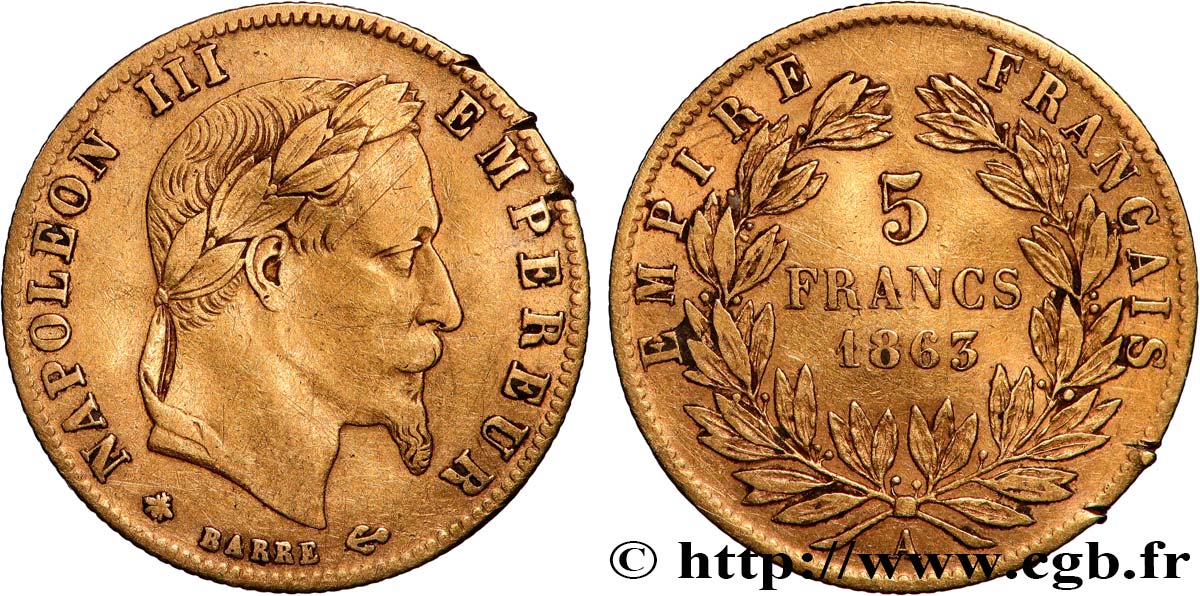 5 francs or Napoléon III, tête laurée 1863 Paris F.502/3 TB 