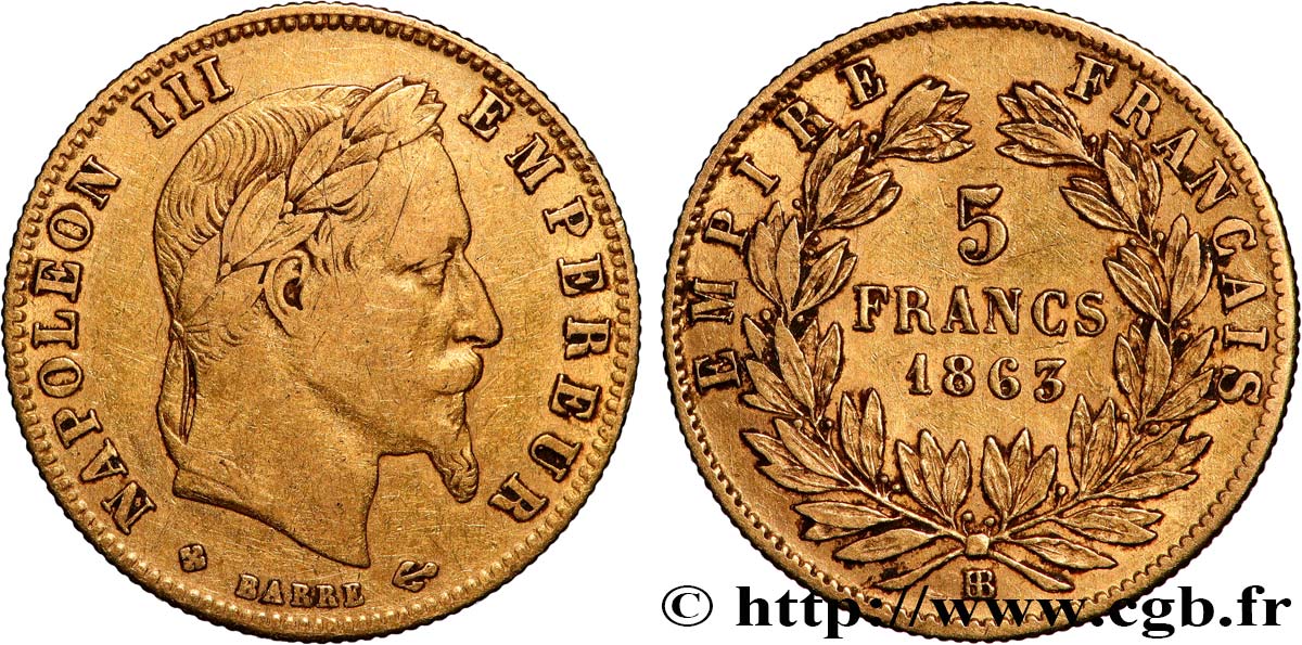 5 francs or Napoléon III, tête laurée 1863 Strasbourg F.502/4 TB 