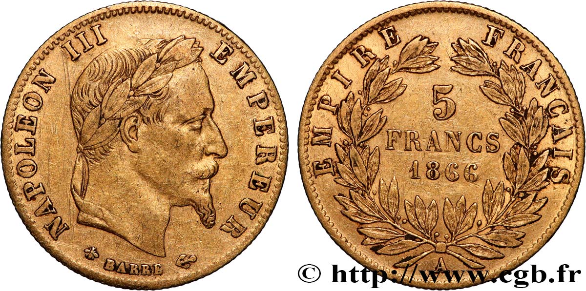 5 francs or Napoléon III, tête laurée 1866 Paris F.502/9 TB+ 