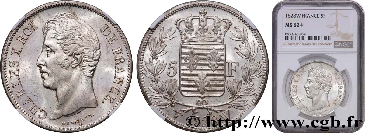 5 francs Charles X, 2e type 1828 Lille F.311/26 SPL62 NGC