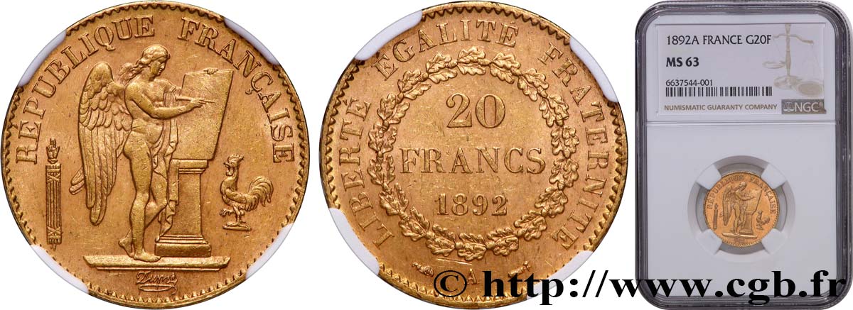 20 francs or Génie, Troisième République 1892 Paris F.533/16 SPL63 NGC