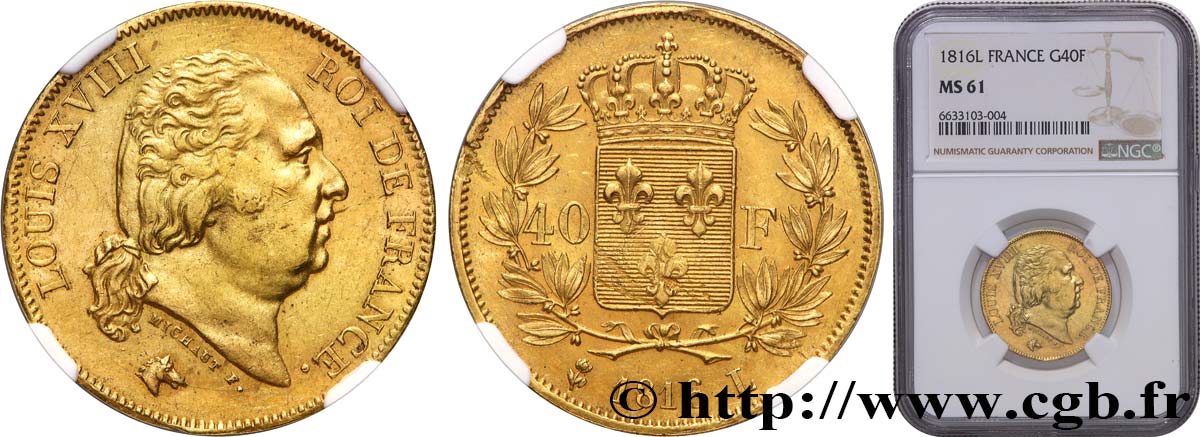40 francs or Louis XVIII 1816 Bayonne F.542/3 SPL61 NGC