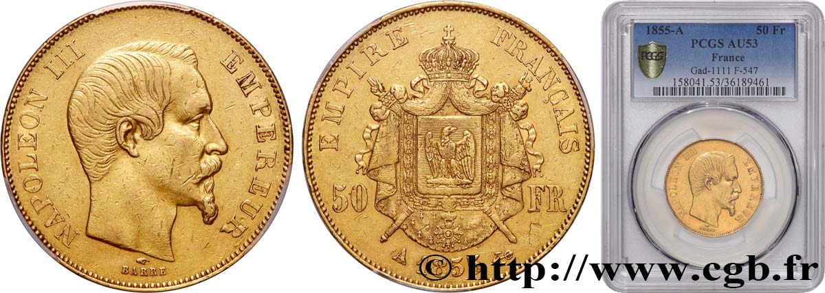 50 francs or Napoléon III, tête nue 1855 Paris F.547/1 TTB53 PCGS