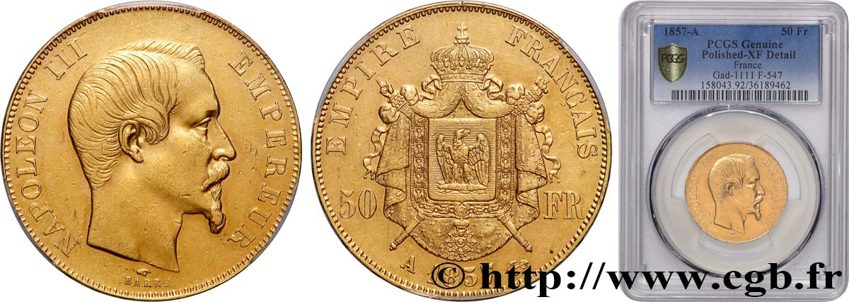 50 francs or Napoléon III, tête nue 1857 Paris F.547/4 XF PCGS