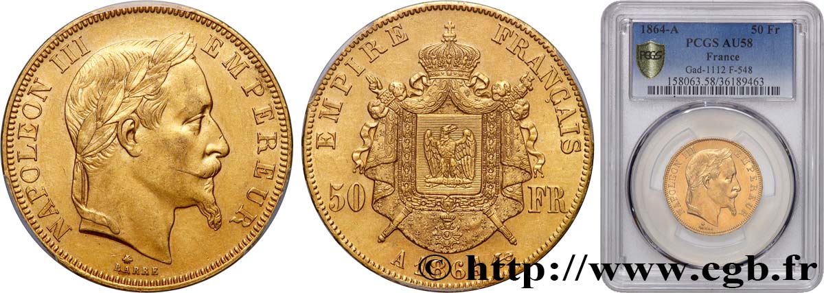 50 francs or Napoléon III, tête laurée 1864 Paris F.548/4 AU58 PCGS