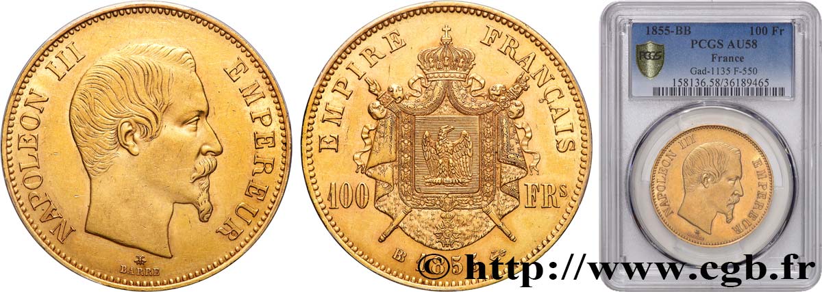 100 francs or Napoléon III, tête nue 1855 Strasbourg F.550/2 AU58 PCGS