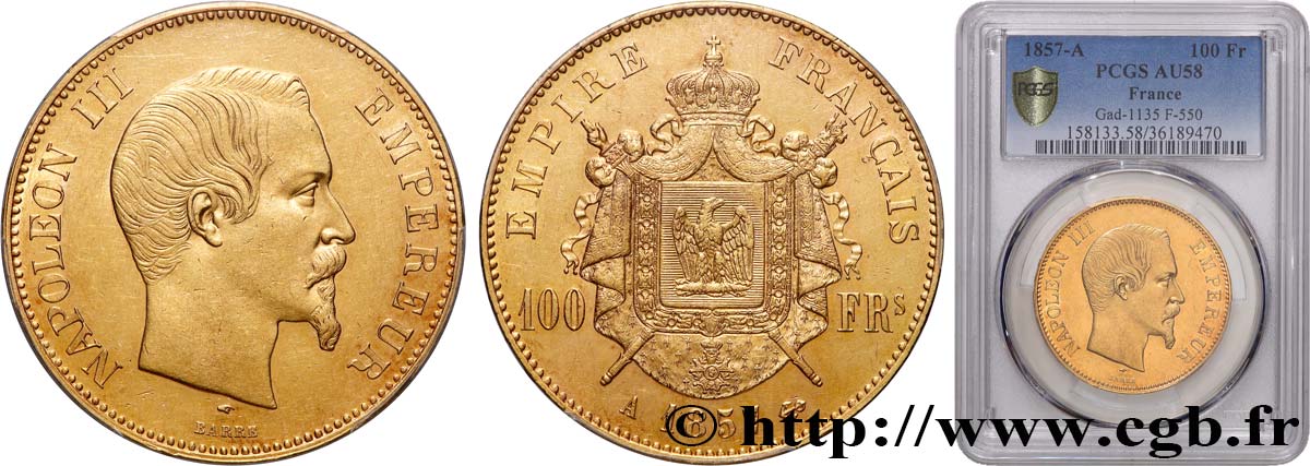 100 francs or Napoléon III tête nue 1857 Paris F.550/4 VZ58 PCGS