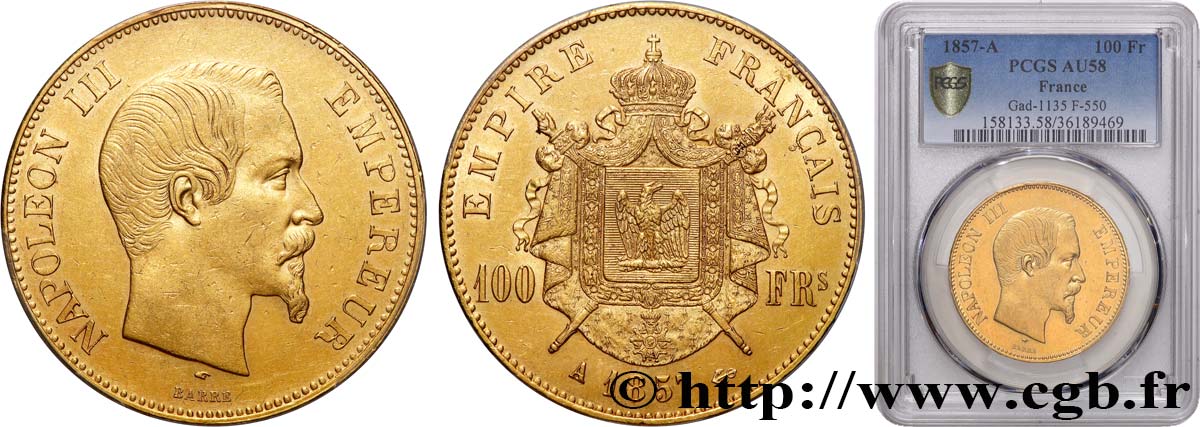 100 francs or Napoléon III tête nue 1857 Paris F.550/4 EBC58 PCGS