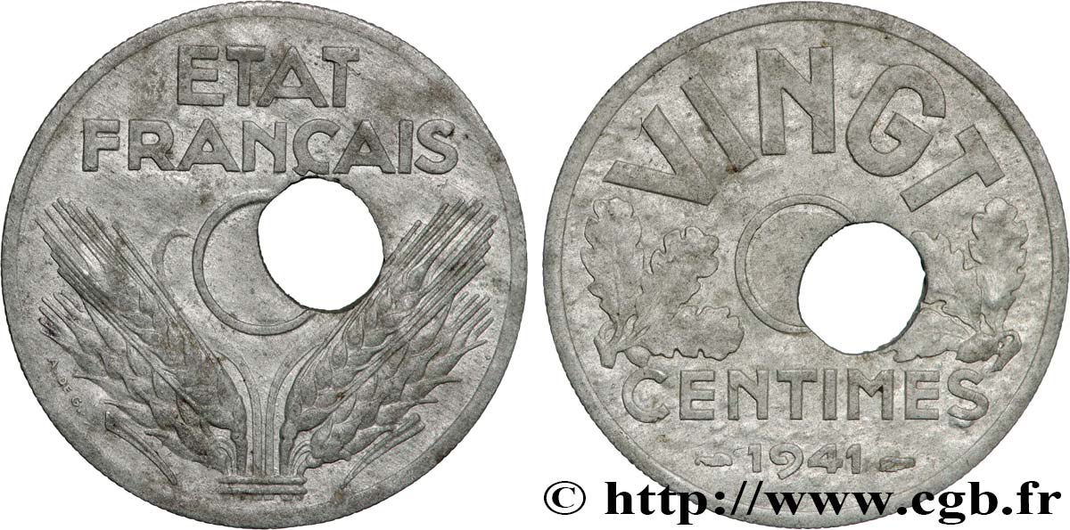 VINGT centimes État français, trou décentré 1941  F.152/2 var. SS 