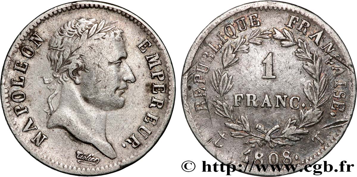 1 franc Napoléon Ier tête laurée, République française 1808 Nantes F.204/13 TB+ 