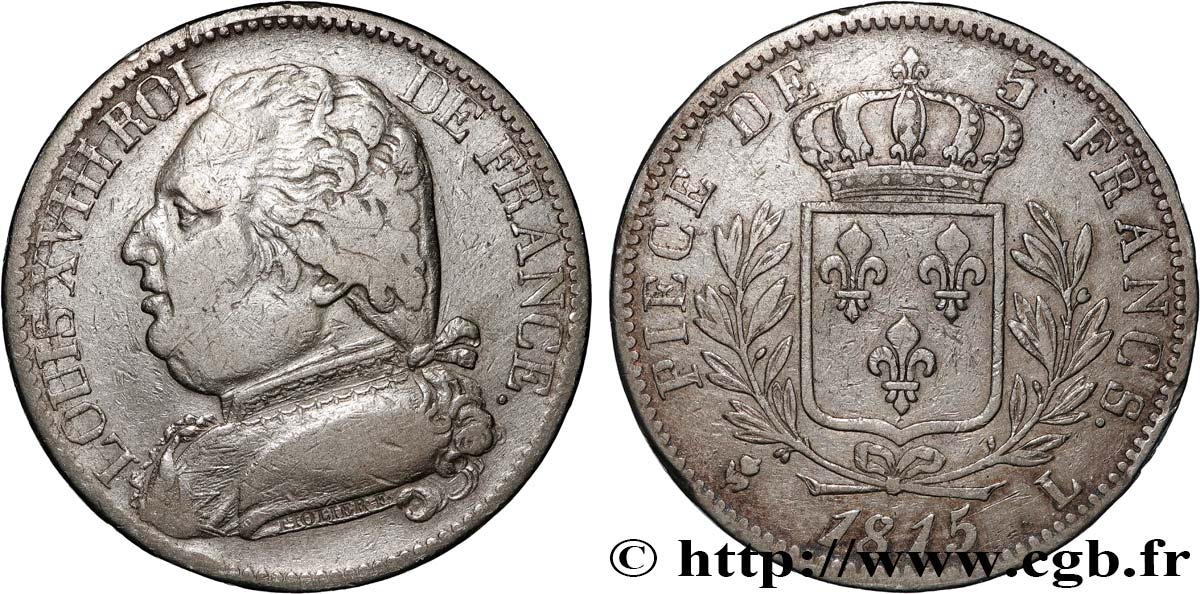 5 francs Louis XVIII, buste habillé 1815 Bayonne F.308/23 MBC 