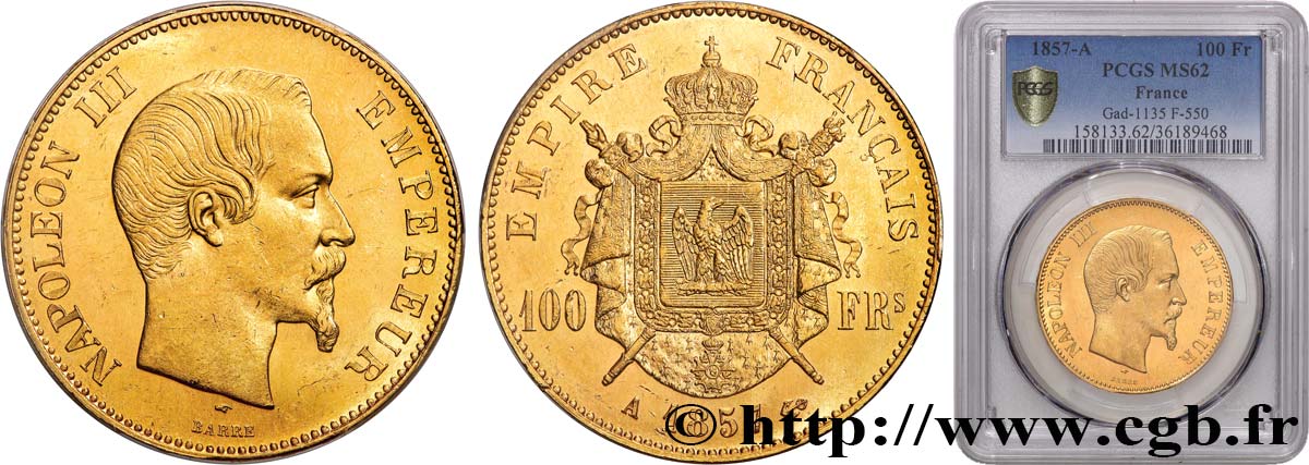 100 francs or Napoléon III tête nue 1857 Paris F.550/4 SUP62 PCGS