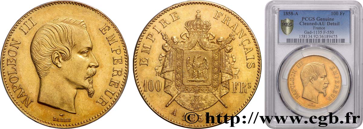 100 francs or Napoléon III tête nue 1858 Paris F.550/5 AU PCGS