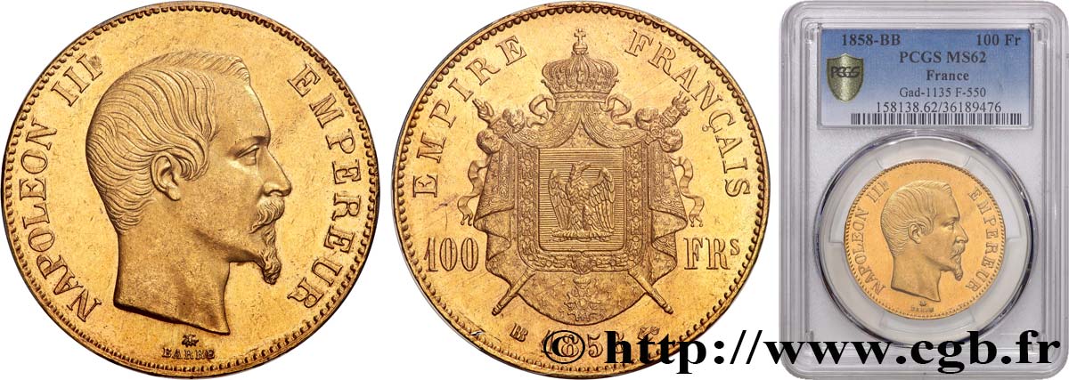 100 francs or Napoléon III, tête nue 1858 Strasbourg F.550/6 MS62 PCGS