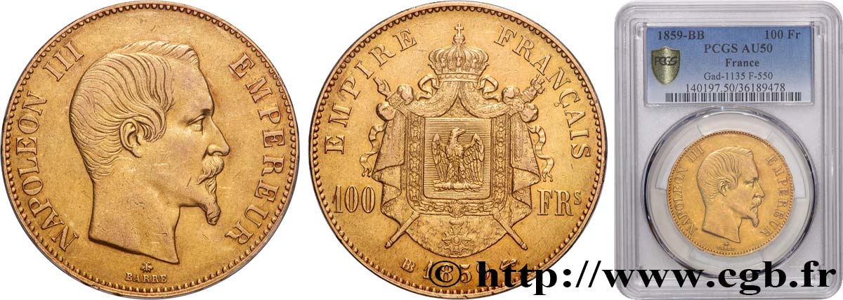 100 francs or Napoléon III tête nue 1859 Strasbourg F.550/8 AU50 PCGS
