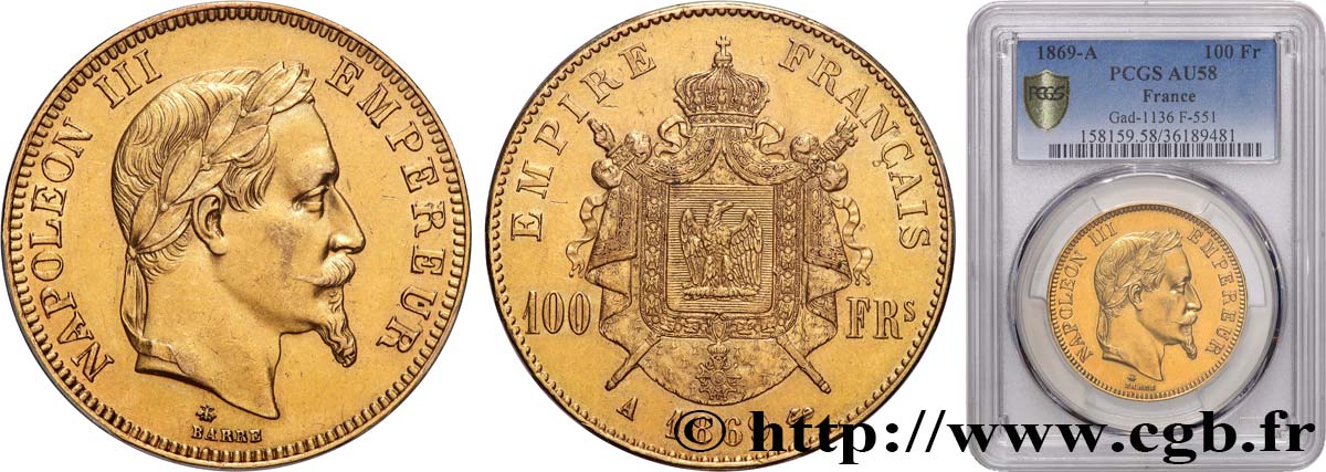 100 francs or Napoléon III, tête laurée 1869 Paris F.551/12 AU58 PCGS