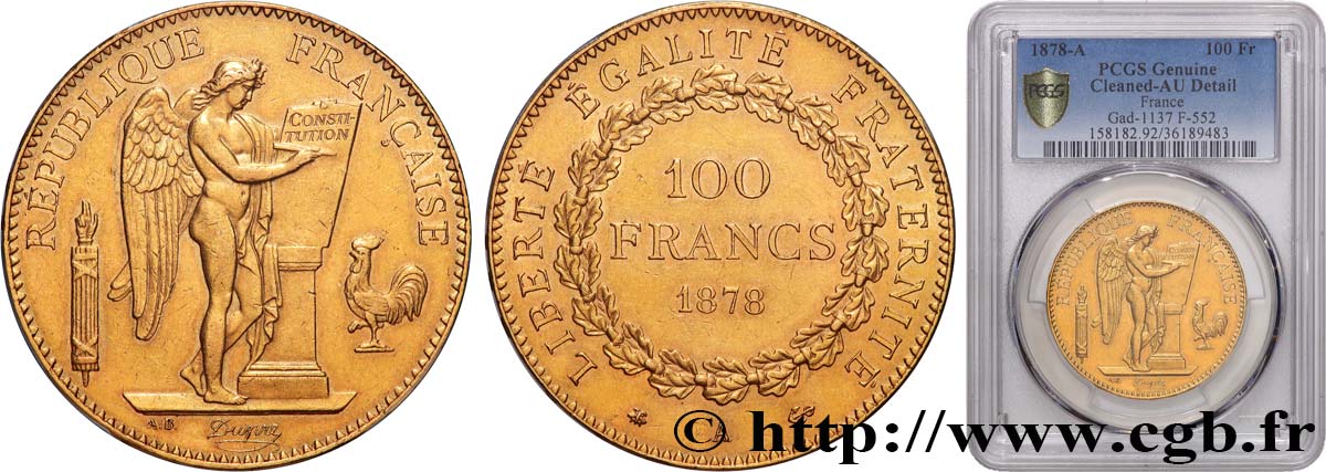 100 francs or Génie, tranche inscrite en relief Dieu protège la France 1878 Paris F.552/1 AU PCGS