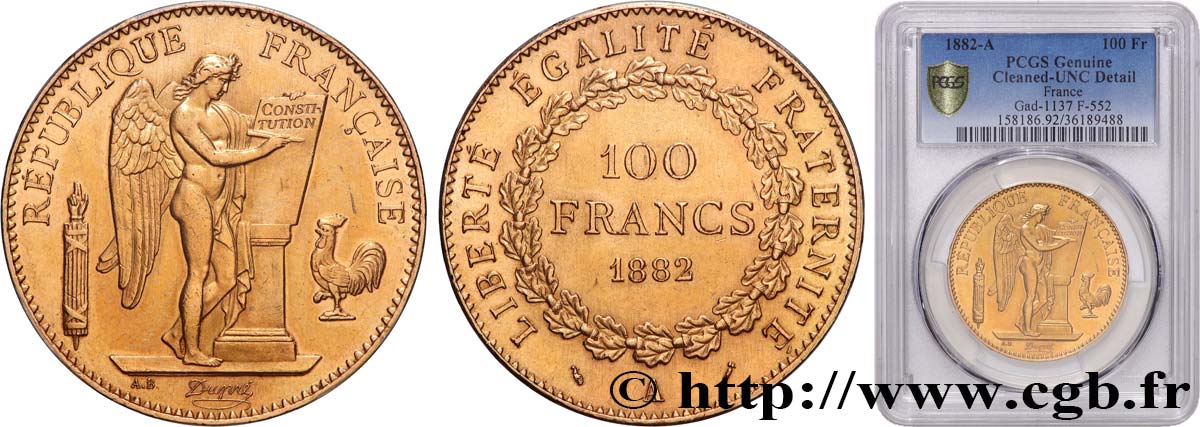 100 francs or Génie, tranche inscrite en relief Dieu protège la France 1882 Paris F.552/5 MS PCGS