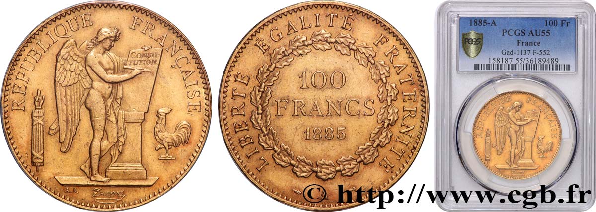 100 francs or Génie, tranche inscrite en relief Dieu protège la France 1885 Paris F.552/6 AU55 PCGS