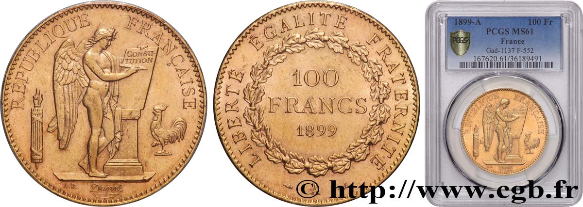 100 francs or Génie, tranche inscrite en relief Dieu protège la France 1899 Paris F.552/12 MS61 PCGS