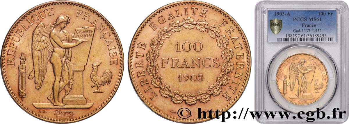 100 francs or Génie, tranche inscrite en relief Dieu protège la France 1903 Paris F.552/16 EBC61 PCGS