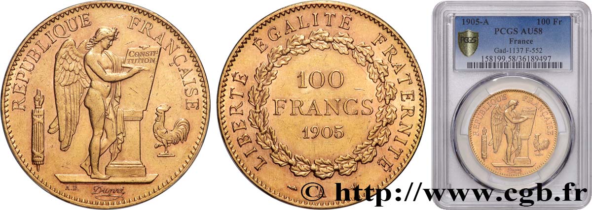 100 francs or Génie, tranche inscrite en relief Dieu protège la France 1905 Paris F.552/18 AU58 PCGS