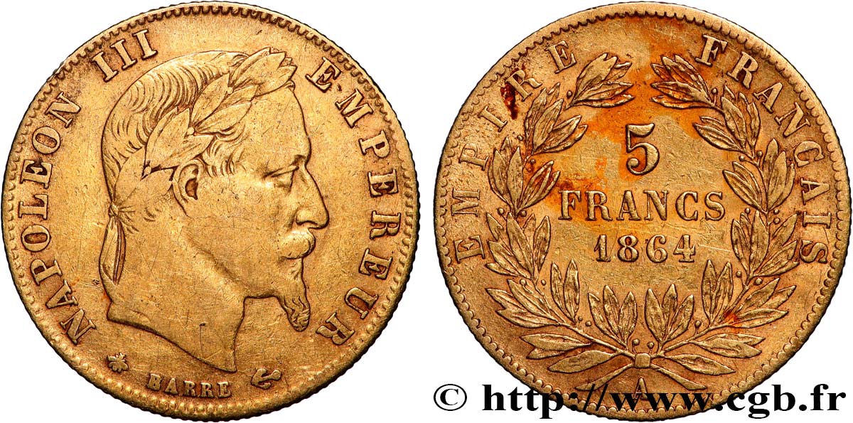 5 francs or Napoléon III, tête laurée 1864 Paris F.502/5 BC/MBC 