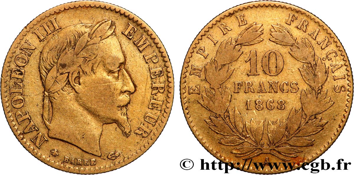 10 francs or Napoléon III, tête laurée 1868 Paris F.507A/17 BC 