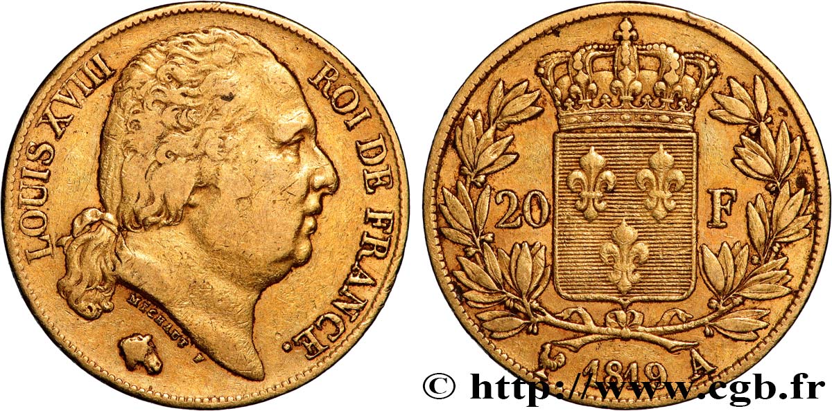20 francs or Louis XVIII, tête nue 1819 Paris F.519/15 SS 