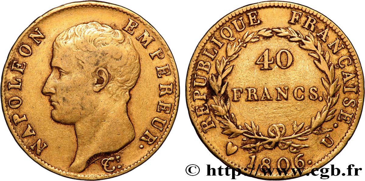 40 francs or Napoléon tête nue, Calendrier grégorien 1806 Turin F.538/4 TTB 