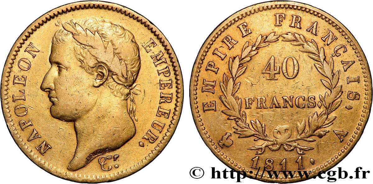 40 francs or Napoléon tête laurée, Empire français 1811 Paris F.541/6 BC+ 