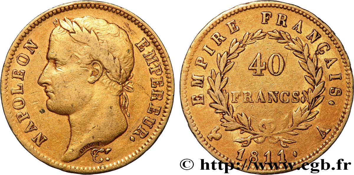 40 francs or Napoléon tête laurée, Empire français, Tranche Fautée 1811 Paris F.541/6 TB+ 