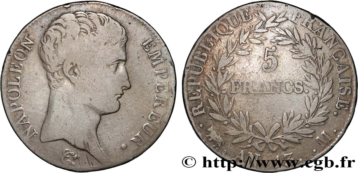 5 francs Napoléon Empereur, Calendrier révolutionnaire 1805 Toulouse F.303/13 TB 