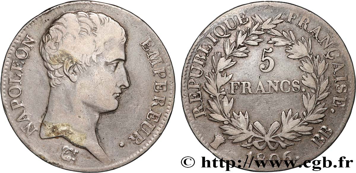 5 francs Napoléon Empereur, Calendrier grégorien 1806 Strasbourg F.304/3 VF 