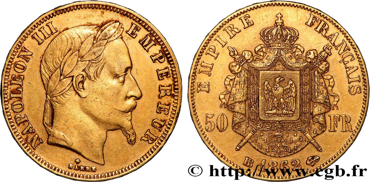 50 francs or Napoléon III, tête laurée 1862 Strasbourg F.548/2 TTB+ 