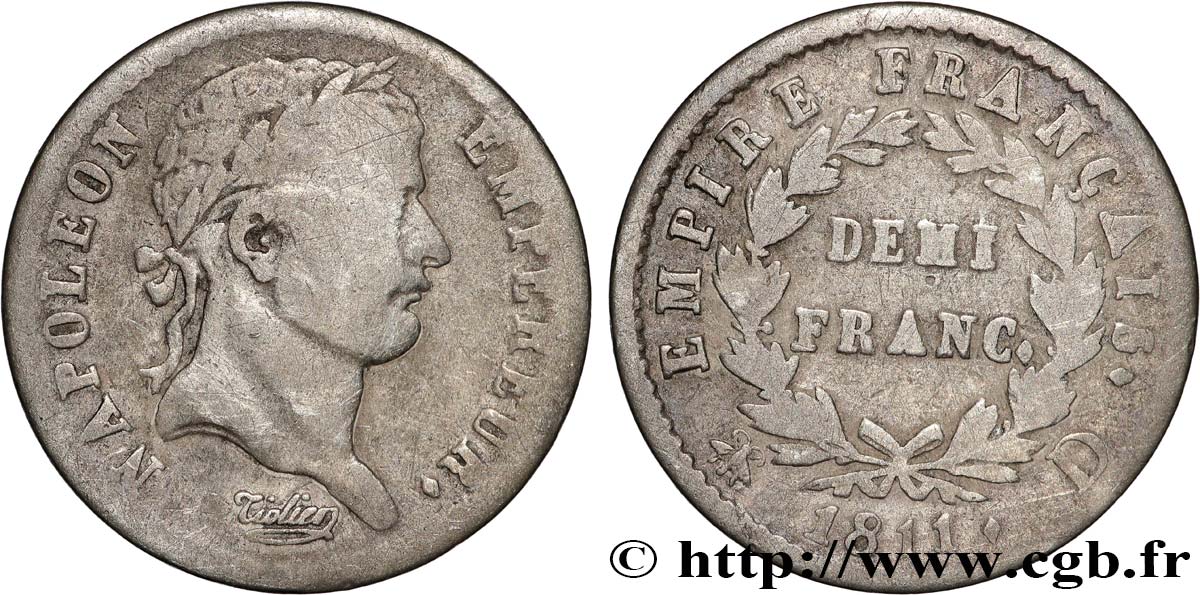 Demi-franc Napoléon Ier tête laurée, Empire français 1811 Lyon F.178/24 MB 