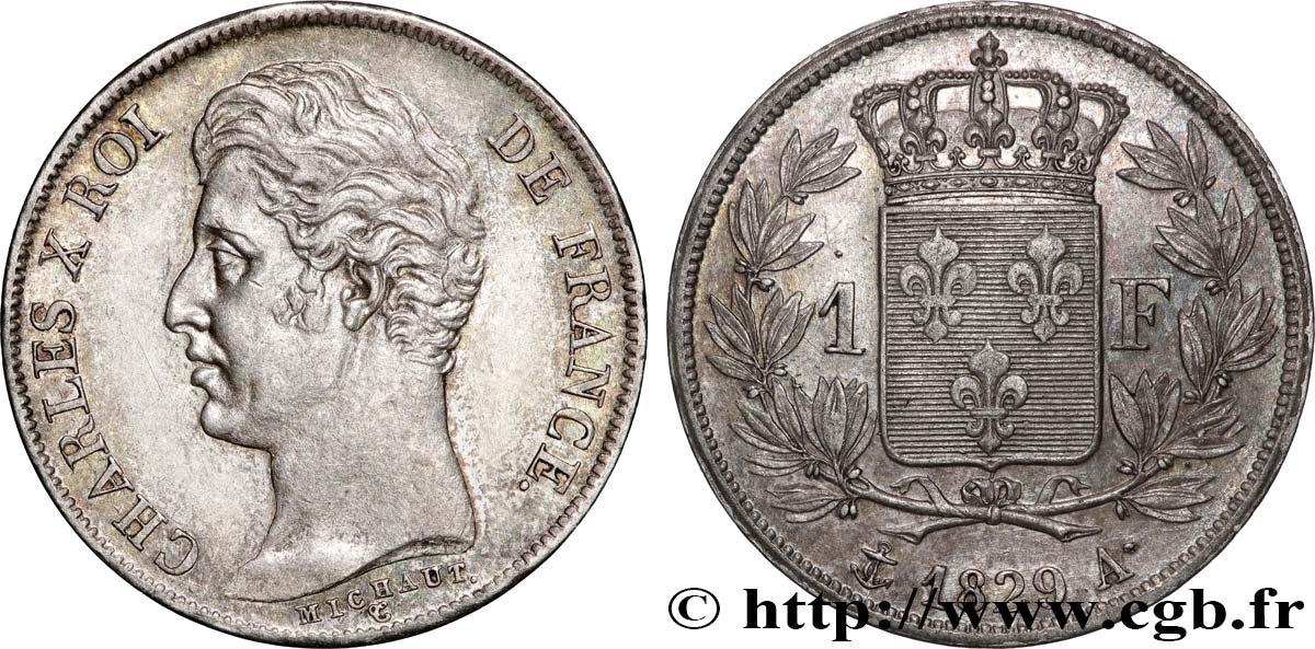 1 franc Charles X, matrice du revers à quatre feuilles 1829 Paris F.207A/13 SPL55 