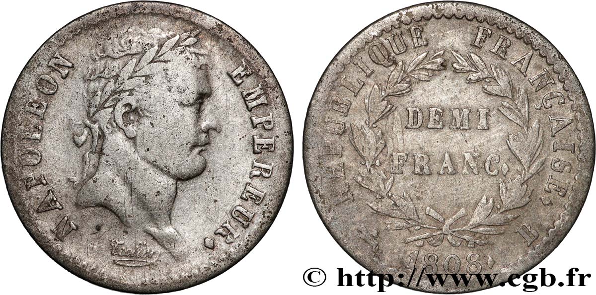 Demi-franc Napoléon Ier tête laurée, République française 1808 Rouen F.177/3 BC 