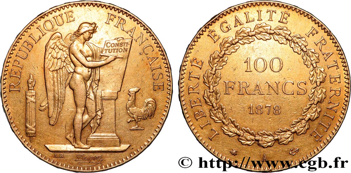 100 francs or Génie, tranche inscrite en relief Dieu protège la France 1878 Paris F.552/1 AU 