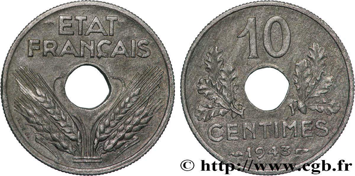 10 centimes État français, grand module 1943  F.141/5 TTB53 