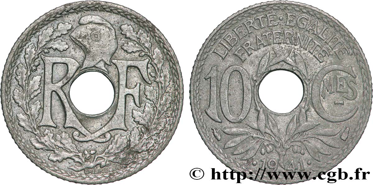 10 centimes Lindauer en zinc, Cmes souligné et millésime avec points 1941  F.140/2 SPL 