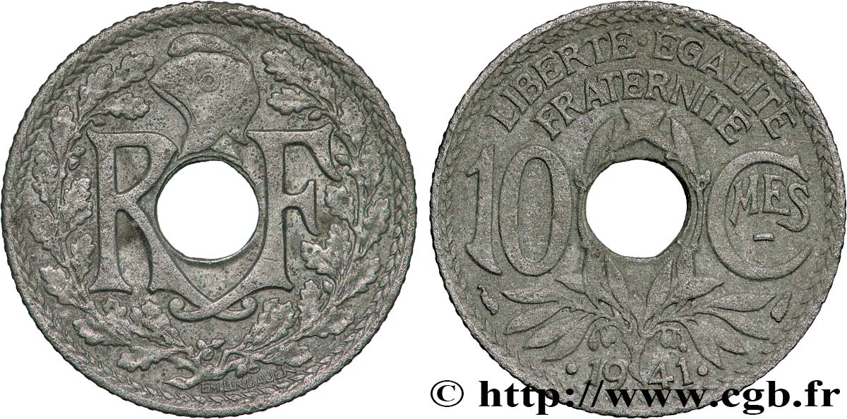 10 centimes Lindauer en zinc, Cmes souligné et millésime avec points 1941  F.140/2 AU 