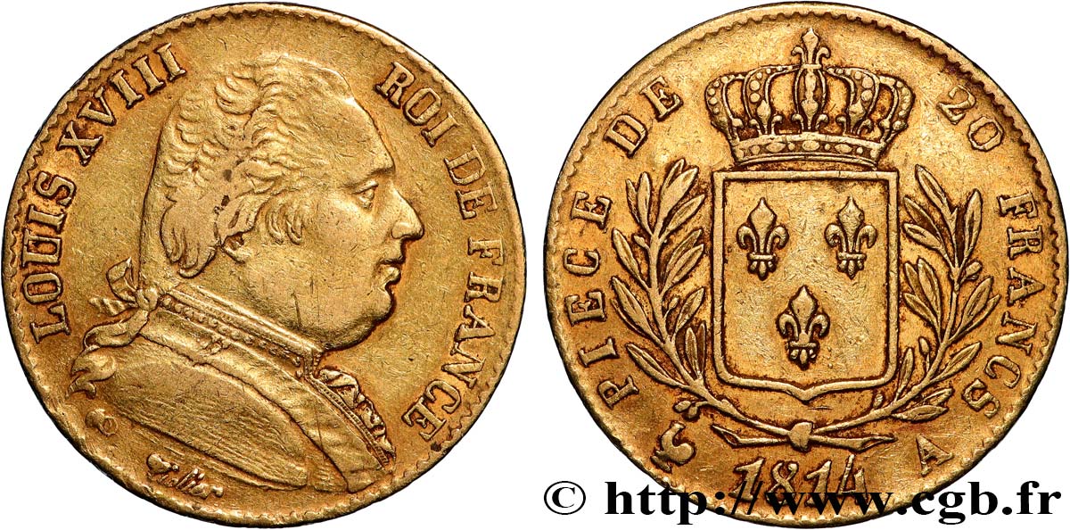 20 francs or Louis XVIII, buste habillé 1814 Paris F.517/1 SS40 