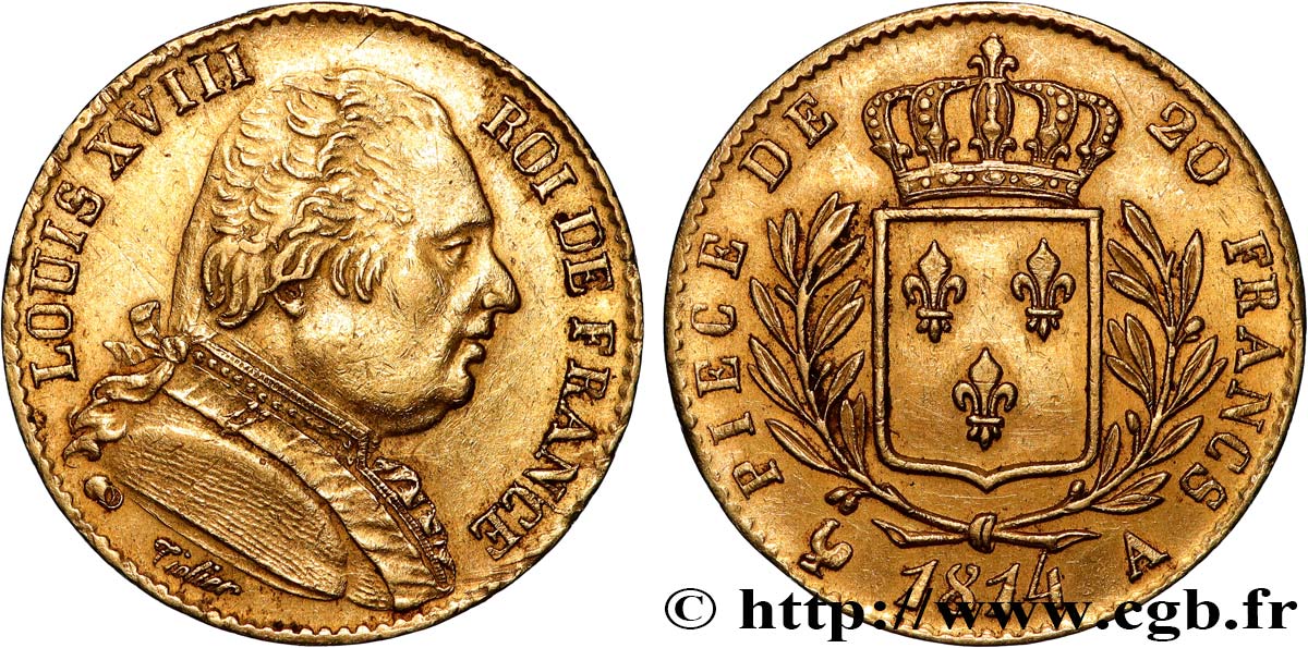 20 francs or Louis XVIII, buste habillé 1814 Paris F.517/1 fVZ 