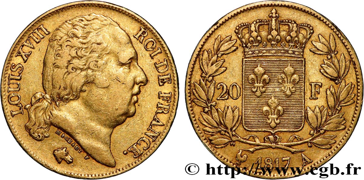 20 francs or Louis XVIII, tête nue 1817 Paris F.519/5 SS 