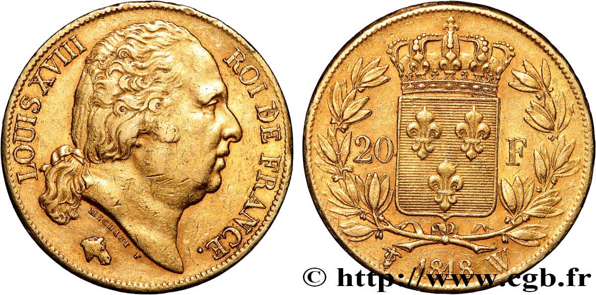 20 francs or Louis XVIII, tête nue 1818 Lille F.519/14 MBC50 